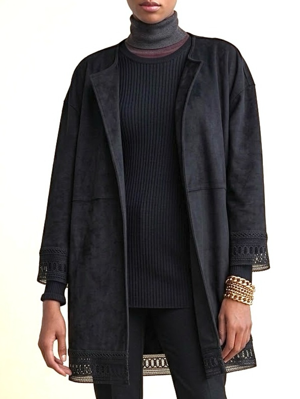 NWT Zara Black Faux Suede Oversized Open Jacket Womens Size XS Crochet Lace Trim